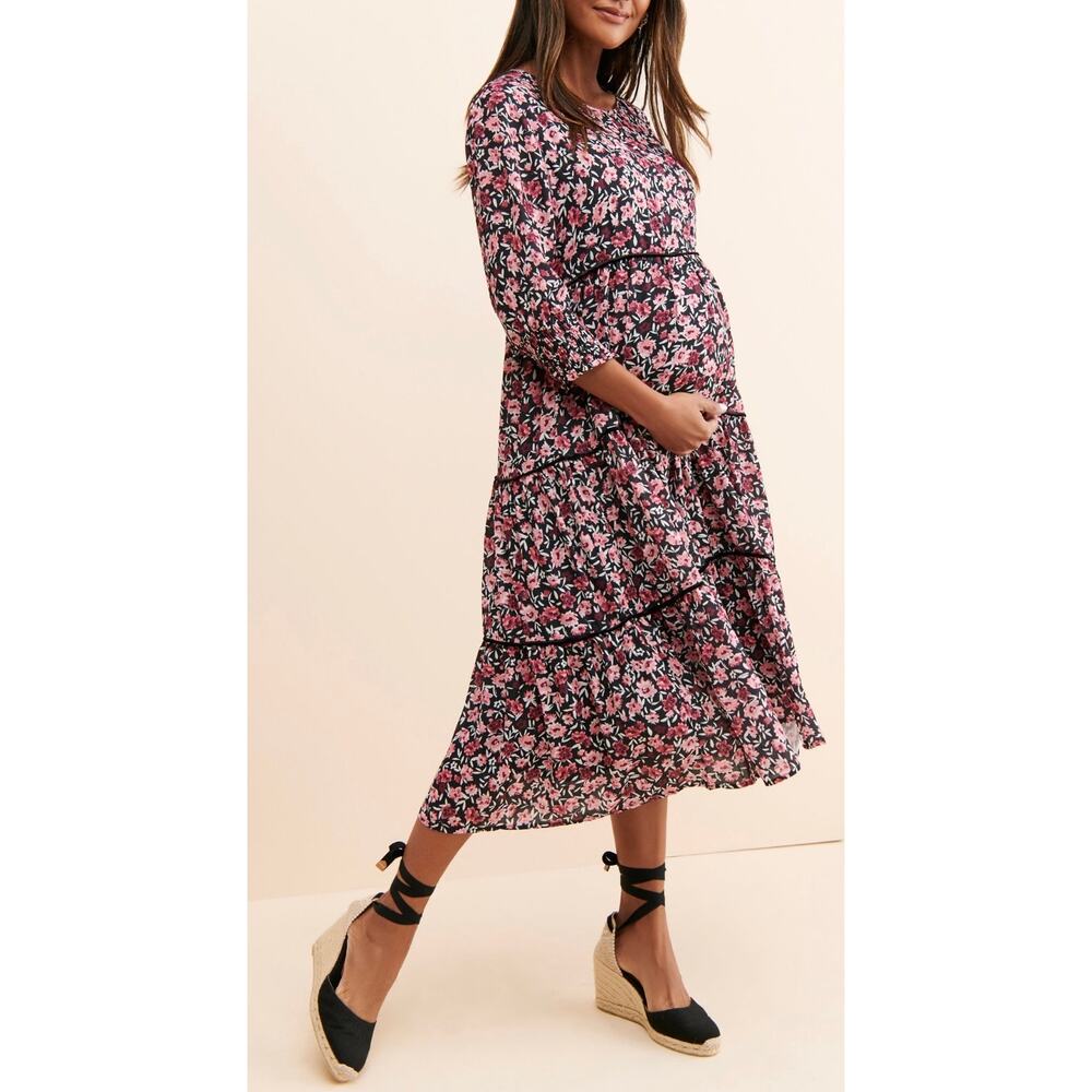 NOM Maternity Aurora Dress Midi boho peasant Floral Tiered Nursing Smocked Cuffs